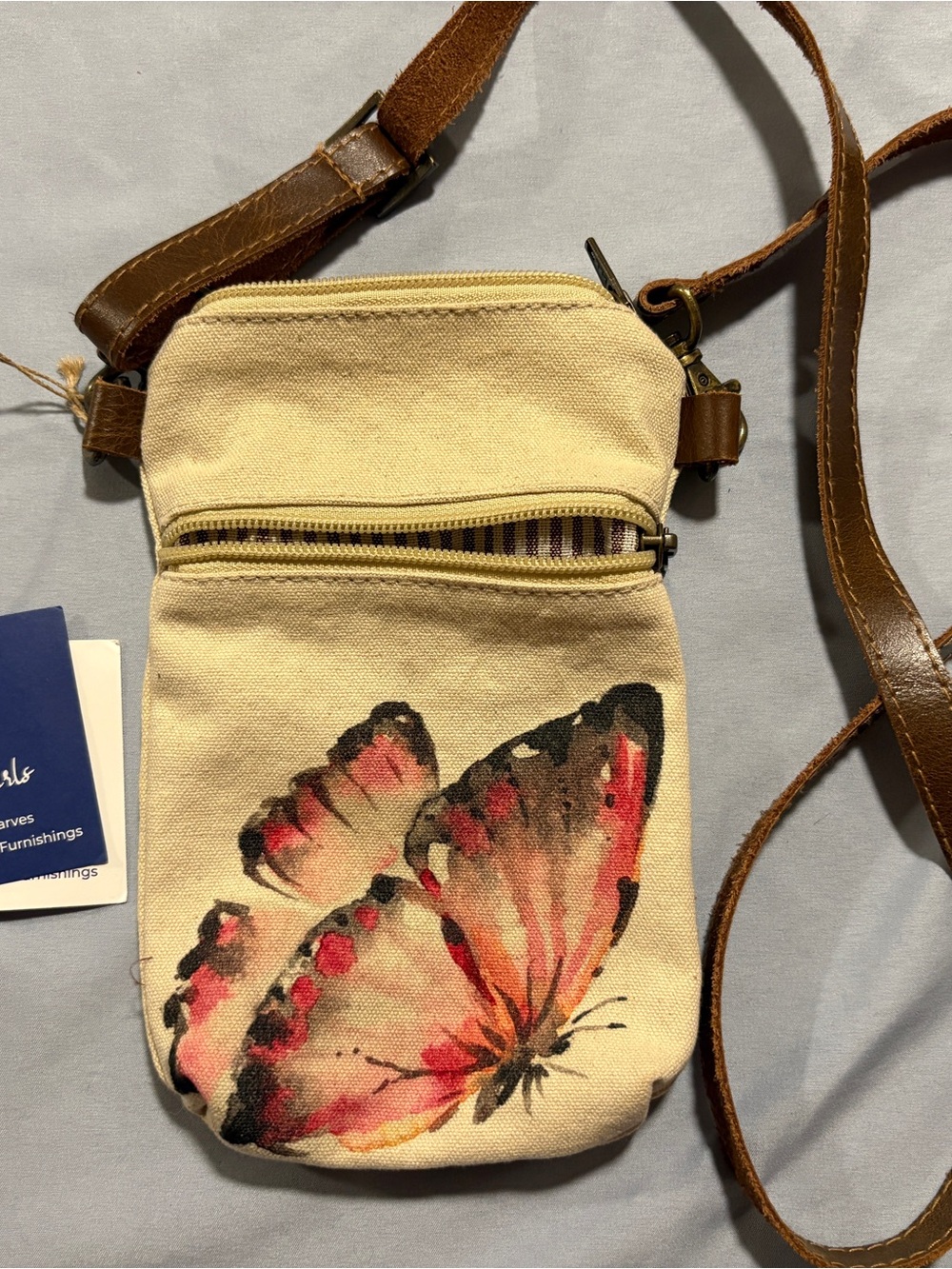 Cott n Curls Canvas Butterfly Sling Phone Bag in Cream with Brown Strap
